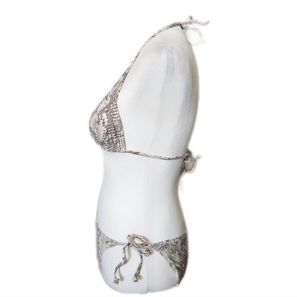 Gray Taupe White Metallic Gold Snakeskin Print Triangle String Bikini, Small - Picture 2 of 5